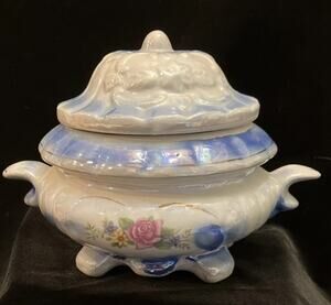 VTG Blue Floral Rose Lusterware Porcelain Footed Trinket Jewelry or Candy Dish